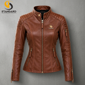 Nueva Chaqueta de Cuero Sintético Marrón Desgastado para Mujer, Estilo Clásico, Ajustada, Urbana, con Cremallera, Tipo Biker - Product Image 3