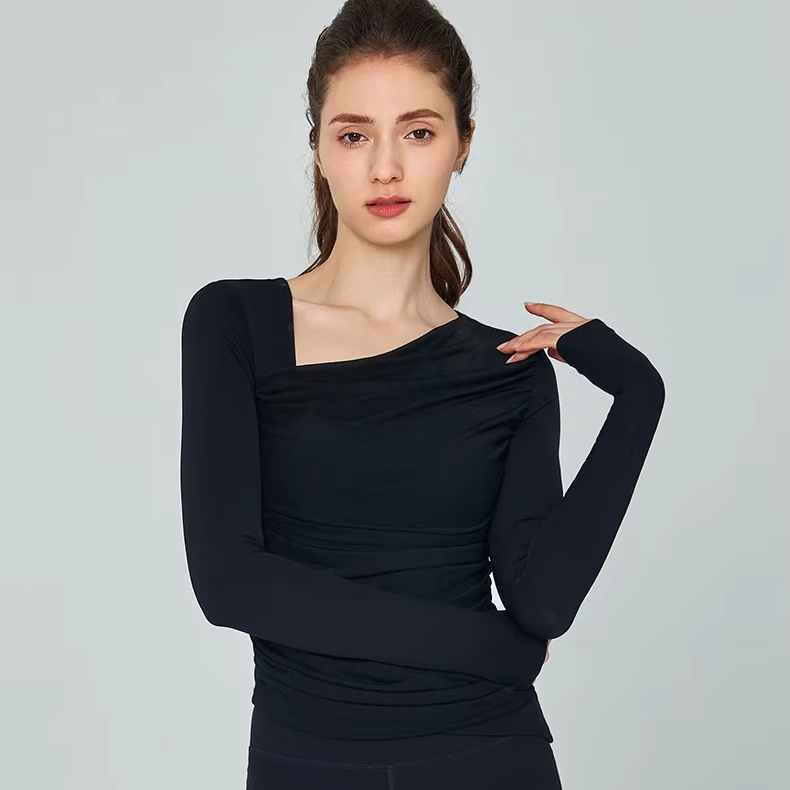 Slant Collar Yoga Long-sleeved T-shirt for Women Mesh Splicing With Chest Pad Sports Tops Fashionable Slim Fitness Tops