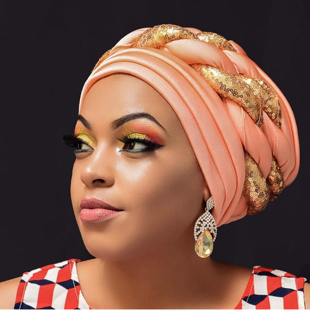 热销天蓝女士suge gle头巾非洲头巾优雅阿索克头巾亮片准备穿尼日利亚