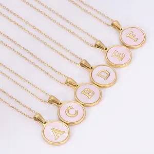 Round Pink Shell Initial Letter Pendant Necklace Gold Plated 18k Stainless Steel 26 English Letter Necklace For Women