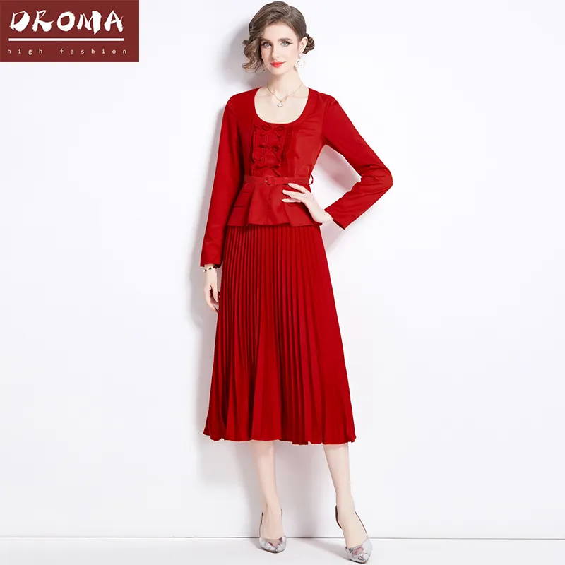 Droma 2024 primavera color rojo moda corte estilo plisado vestido largo fiesta elegante manga larga vestidos de mujer