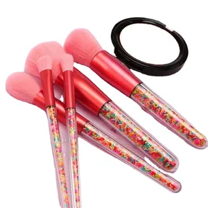 Amostras grátis de Doces Maquiagem Jogo de Escova 5 PCS Grânulo de Plástico Cristal Transparente Alça Rosa Escova Da Sombra Chama Pó Brushes