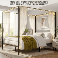 Lit à baldaquin moderne en métal pour chambre à coucher, lit plateforme à quatre poteaux, taille Queen, avec tête de lit intégrée, support à lattes métalliques robustes, sans sommier