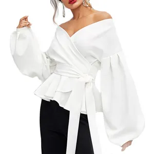 Custom Ladies Shirts Lantern Sleeve Surplice Peplum V Neck Off Shoulder Office Elegant Autumn Women Tops Blouses
