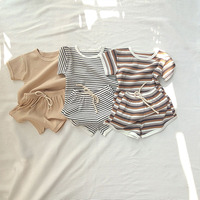 Ensemble de vêtements 2 pièces pour garçons et filles, tenue d'été simple et décontractée, à manches courtes, en coton extensible à rayures