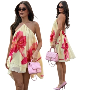 Vestido de Chifón con Estampado Floral, Contraste de Color, Corte en A, Mini, Espalda Descubierta, Cuello Halter, Suelto, Casual, Vacaciones, Sin Mangas, para Mujer - Product Image 1