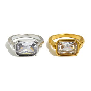 Stainless Steel Rectangle Zircon Bezel <b>Ring</b> Trendy Geometric <b>Statement</b> Finger <b>Ring</b> For Women Daily Stackable Party Jewelry - Product Image 3