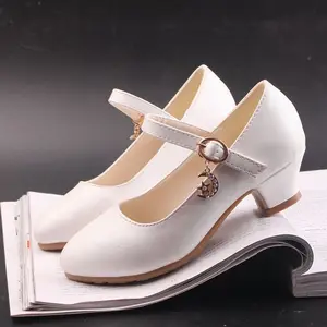 High Quality Elegant Flash Powder Girls High-heeled Princess Shoes Korean Student White Performance Leather Shoes 1329