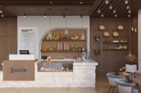 Aménagement intérieur complet de boulangerie-pâtisserie, personnalisation de la pièce, vitrine en verre, comptoir de bar, décoration de café, salon de thé