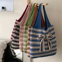 Sac fourre-tout en tricot polyester avec nœud, léger, sac à bandoulière grande capacité, pour la plage, l'école, usage quotidien, couleur personnalisée, vente en gros