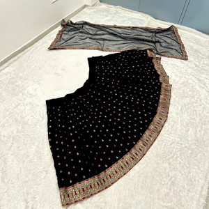 Black Embroidered Poly Silk Quick Dry Lehenga Choli Set with <b>Net</b> <b>Dupatta</b> Traditional Indian Wedding Wear for Women - Product Image 2