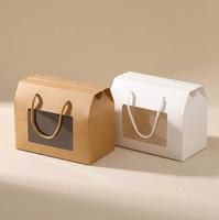 Boîte cadeau personnalisée en papier couché brun et blanc avec poignée et fenêtre, doublure en éponge pour boulangerie, mariage et fête d'anniversaire