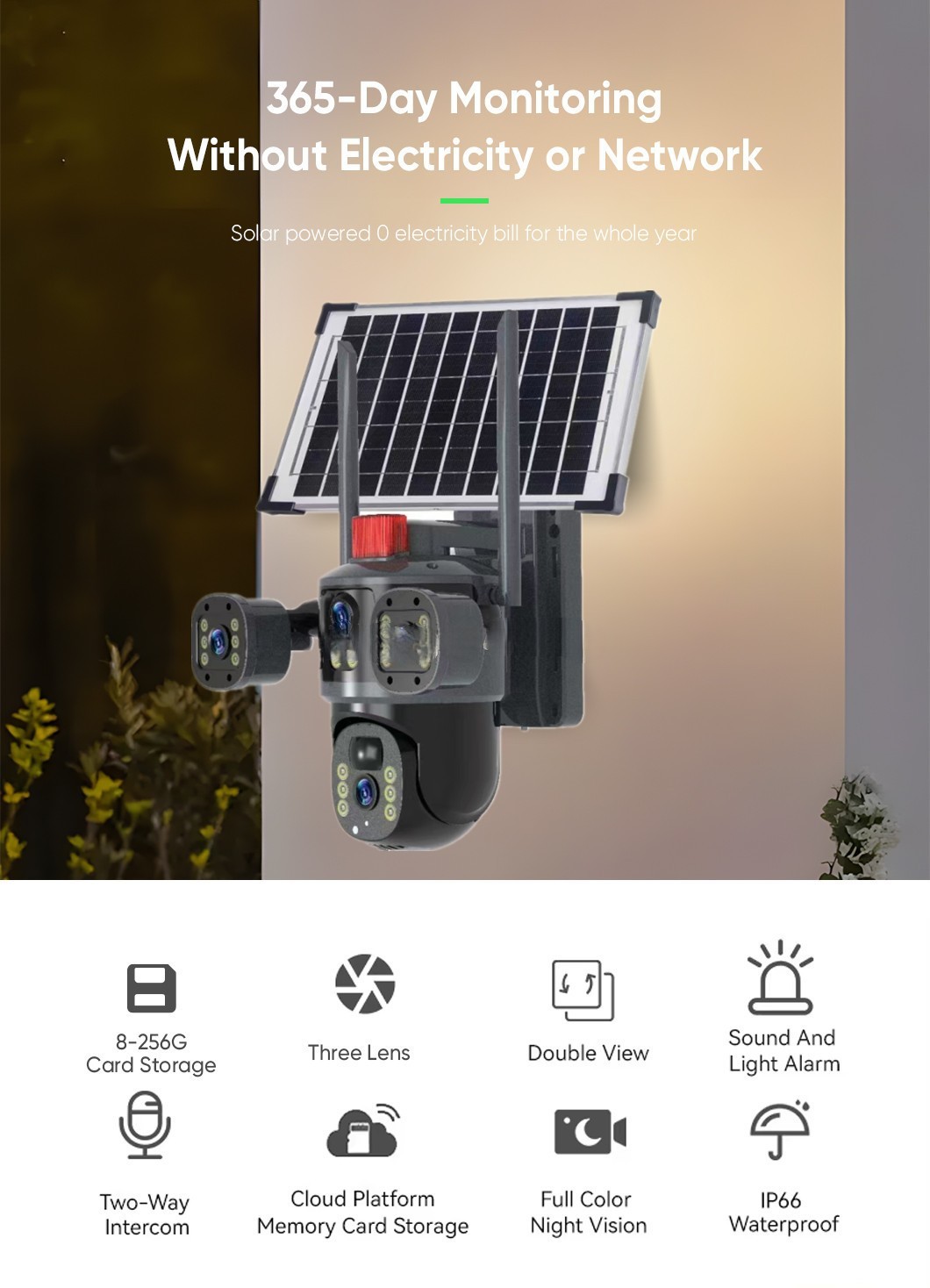 V380 Solar Powered 4G WiFi Dome Camera 360 Degree Outdoor 4K Security Camera with Two-Way Audio 4MP+4MP Resolution 4G SIM Card · image 5