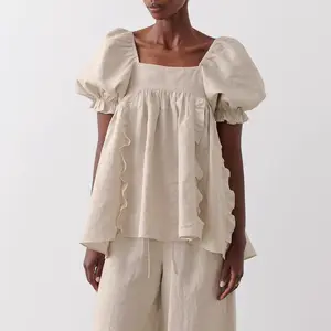 2022 Mùa Hè Mới Nhất Cotton Linen Vuông Cổ Phồng Tay Áo Quá Khsize Ruffles Ren up Trở Lại Phụ Nữ Áo Top