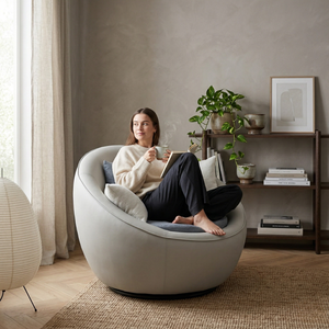 Fauteuil de loisirs de luxe Mikahome, style transitionnel, rembourré, en cuir PU, pivotant à 360°, inclinable, avec structure en fer et bois, pour hall d'hôtel - Product Image 1