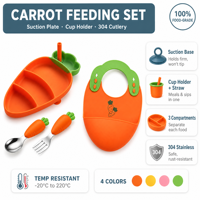 Carotte en forme de Silicone dessin animé enfant en bas âge alimentation ensemble bol cuillère fourchette bavoir de qualité alimentaire sans BPA aspiration bébé enfants sevrage vaisselle
