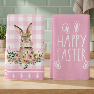 Juego de Toallas de Cocina de Algodón Tejido con Dibujos Animados de Conejito de Pascua Rosa, Toallas Decorativas Rectangulares Estampadas con Feliz Pascua para el Hogar - Product Image 1