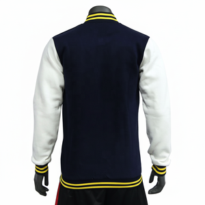 แจ็คเก็ตวาร์ซิตี้สีกรมท่า แขนสีแดง คอตั้ง สไตล์เบสบอล สำหรับผู้ชายและผู้หญิง ติดกระดุม แต่งขอบยางยืด ด้านหน้าแบบสั่งทำ เสื้อคลุมกันหนาว สไตล์ไฮสตรีท - Product Image 1