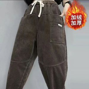 Corduroy Harem Pants Thickened Fleece Lined High Waist Loose Fit Women's Casual Winter Pants With Pocket Windproof - Product Image 3