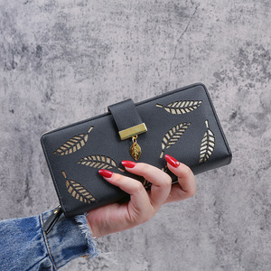 Cartera Larga de Mujer Estilo Coreano, Cuero PU con Diseño de Hojas Recortadas, Cierre de Cremallera y Broche - Product Image 6