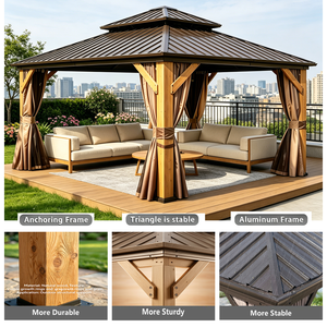 Grand gazebo en bois de cèdre avec toit rigide, rideaux et moustiquaire, pavillon extérieur résistant aux intempéries <span class=keywords><strong>pour</strong></span> les événements familiaux dans la cour - Product Image 3