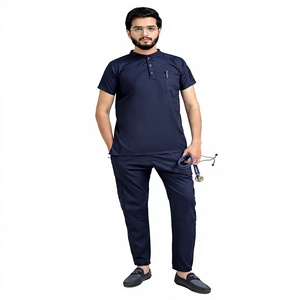 Ensemble de blouses médicales personnalisées pour hommes, col en V, couleur turquoise, haut à 5 poches, pantalon à 10 poches, uniforme d'hôpital en coton, polyester et velours côtelé, sans coutures - Product Image 1