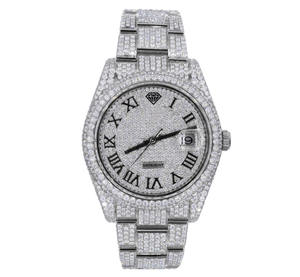 Montre pour homme <span class=keywords><strong>ROLX</strong></span> Silver, cadran romain, entièrement sertie de diamants Moissanite, mouvement automatique 22 carats, fabrication artisanale - Product Image 1