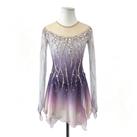 Costume de patinage artistique à dégradé violet rose avec strass, manches longues, dos en V profond, robe de performance pour filles et enfants