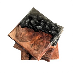 Wooden <b>Epoxy</b> <b>Resin</b> Coaster Set 2 Pieces Natural Wood Grain <b>Black</b> <b>Resin</b> Inlay Hand Wash Only Food Safe - Product Image 1