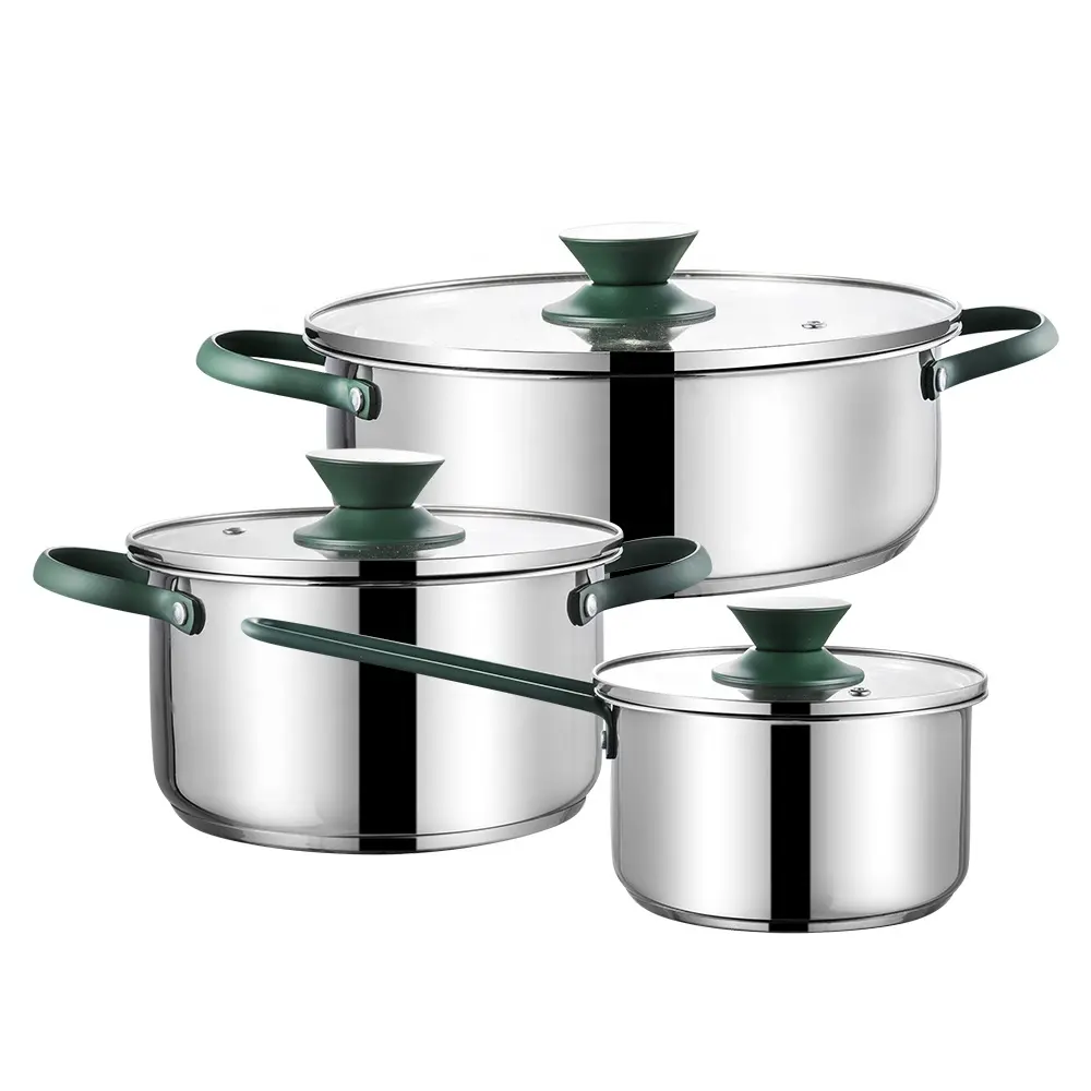 Hot Sale Different Size Round Shape Cookware Set Stainless Steel Green Handle Soup Pot with Glass Lid