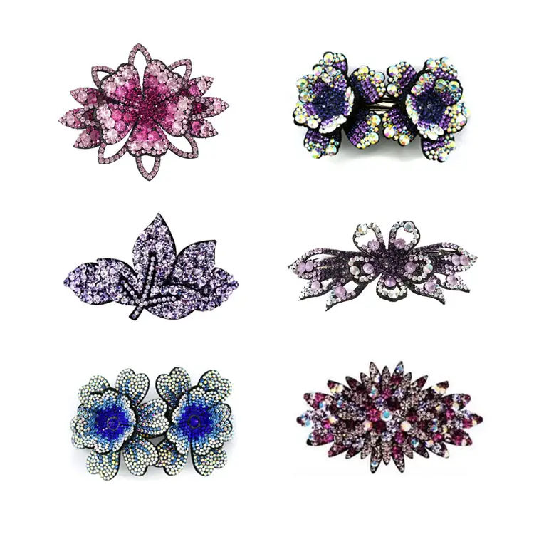 Luxury Flower Women Hair Jewelry Multi Design Rhinestone Hairclip Custom Color Fabric Flower Spring Hair Clip