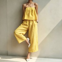 Ensemble deux pièces sans bretelles en coton et lin, style européen et américain, pantalon large et décontracté, respirant, OEM & ODM