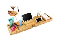 Plateau de baignoire en bambou de luxe avec panneaux latéraux extensibles support intégré pour livre tablette téléphone verre à vin
