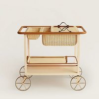 Chariot de bar en bois de luxe avec panier en rotin tressé, poignée en cuir et plateau en acier inoxydable, chariot mobile pour la maison