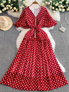 <span class=keywords><strong>Robe</strong></span> en mousseline de soie vintage à <span class=keywords><strong>pois</strong></span> rouges à manches évasées amincissante pour femmes Design d'été - Product Image 6