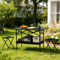Table pliante portable pour le camping en plein air avec rangement, structure métallique, imperméable et durable, idéale pour le parc, les banlieues et la cour.