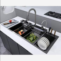 Slimme RVS spoelbak met honingraatstructuur, dubbele bak, digitaal display en watervalfunctie, inclusief afdruiprek