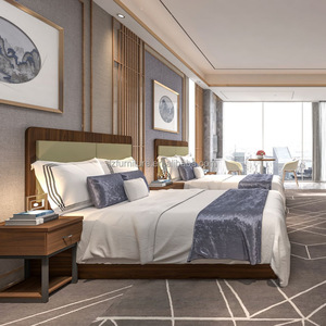 Ensemble lit queen et matelas en bois massif pour hôtel, avec tête de lit douce et deux tables de chevet assorties, pour mobilier de chambre d'hôtel 3 étoiles - Product Image 4