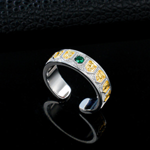 Two-tone S925 <b>Silver</b> Lab Emerald Open <b>Ring</b> for Men Daily Business Wear V - Product Image 2