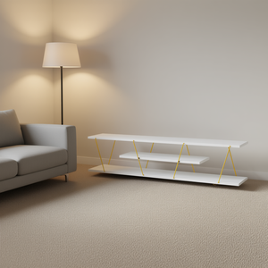 Meuble TV bas FurnisHome Store style Mid-Century Modern de 56 pouces avec étagères métalliques blanches et jaunes – Centre de divertissement - Product Image 2