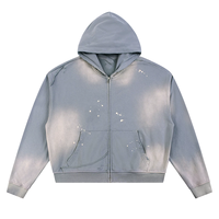 Sweat à capuche zippé vintage délavé à l'acide 420g pour homme, coupe oversize, effet éclaboussures blanchies, logo personnalisé, streetwear vieilli