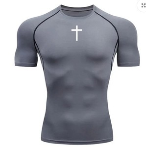 <span class=keywords><strong>T</strong></span>-shirts de compression à manches courtes pour hommes, tissu respirant à séchage rapide, avec un motif croisé classique - Product Image 5