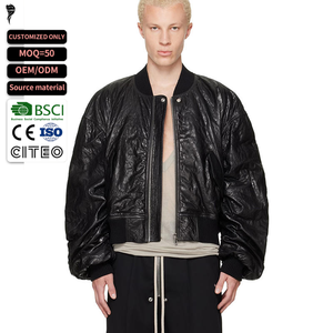 Chaqueta de Cuero Tipo Bomber con Cierre de Cremallera Personalizada OEM, Cuello Alto de Punto Acanalado, Chaqueta de Cuero de Alta Calidad - Product Image 1