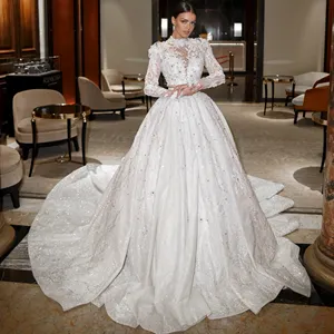 Vestido de novia de lujo con cuentas, manga larga transparente, cuello alto