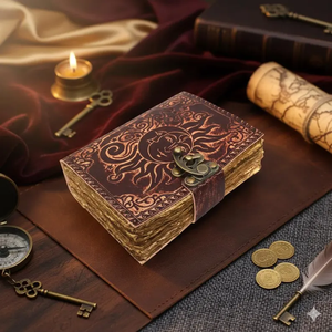 สมุดบันทึกหนังลายนูนพระอาทิตย์และพระจันทร์ ทำมือ สไตล์วินเทจ พร้อมกุญแจล็อค ขอบกระดาษแบบดีเคล - Product Image 3