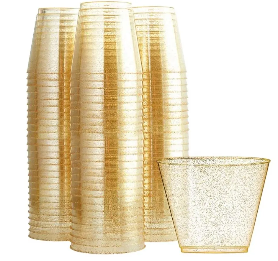 Vasos dorados desechables de plástico con purpurina, vasos de boda de primera calidad