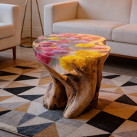 Table basse en bois naturel à bord vif, faite à la main, de luxe, avec résine époxy, fleurs séchées, art moderne, meuble de salon