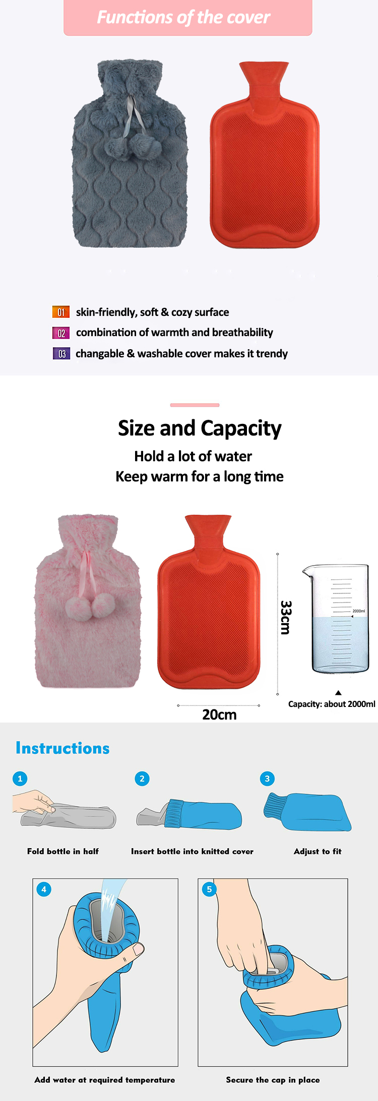 hot sale customized keep warm rubber hot water bottle bag 2l soft plush faux fur cover