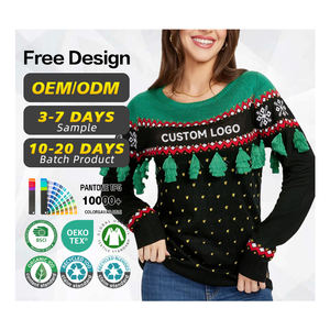Suéter Navideño Feo con Estampado Jacquard y Borlas de Árbol de Navidad para Mujer, Venta al por Mayor de Fábrica, Logotipo Personalizado - Product Image 1