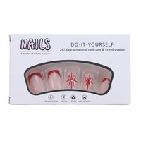Faux ongles à presser courts carrés, rouge French manucure, base nude avec nœud et strass, en acrylique, cadeau pour filles